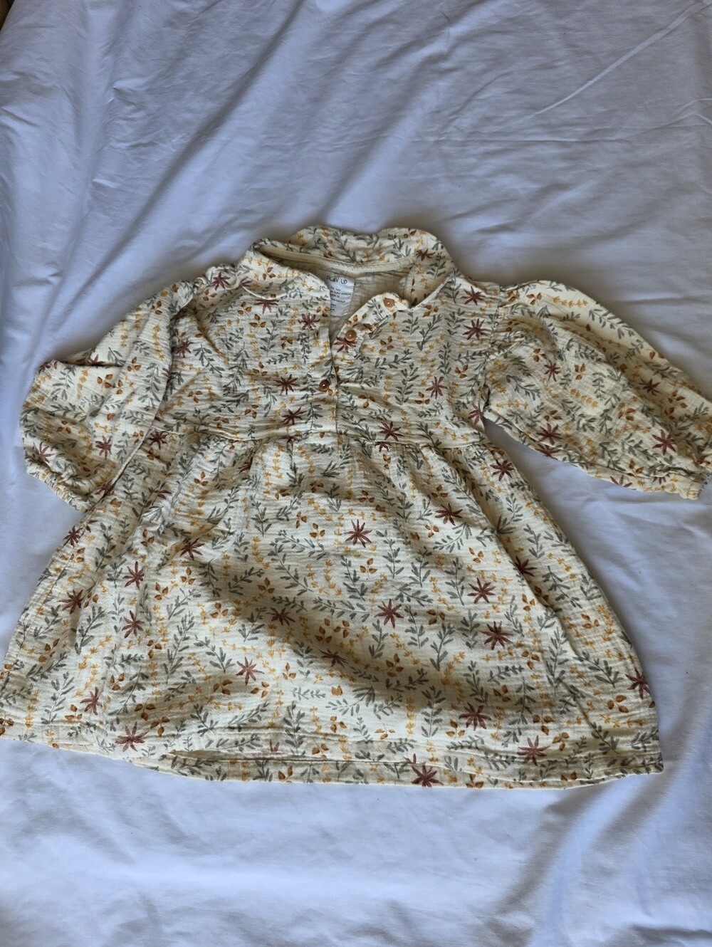Girls' Cream Floral Casual Dress - Lightweight Long Sleeve